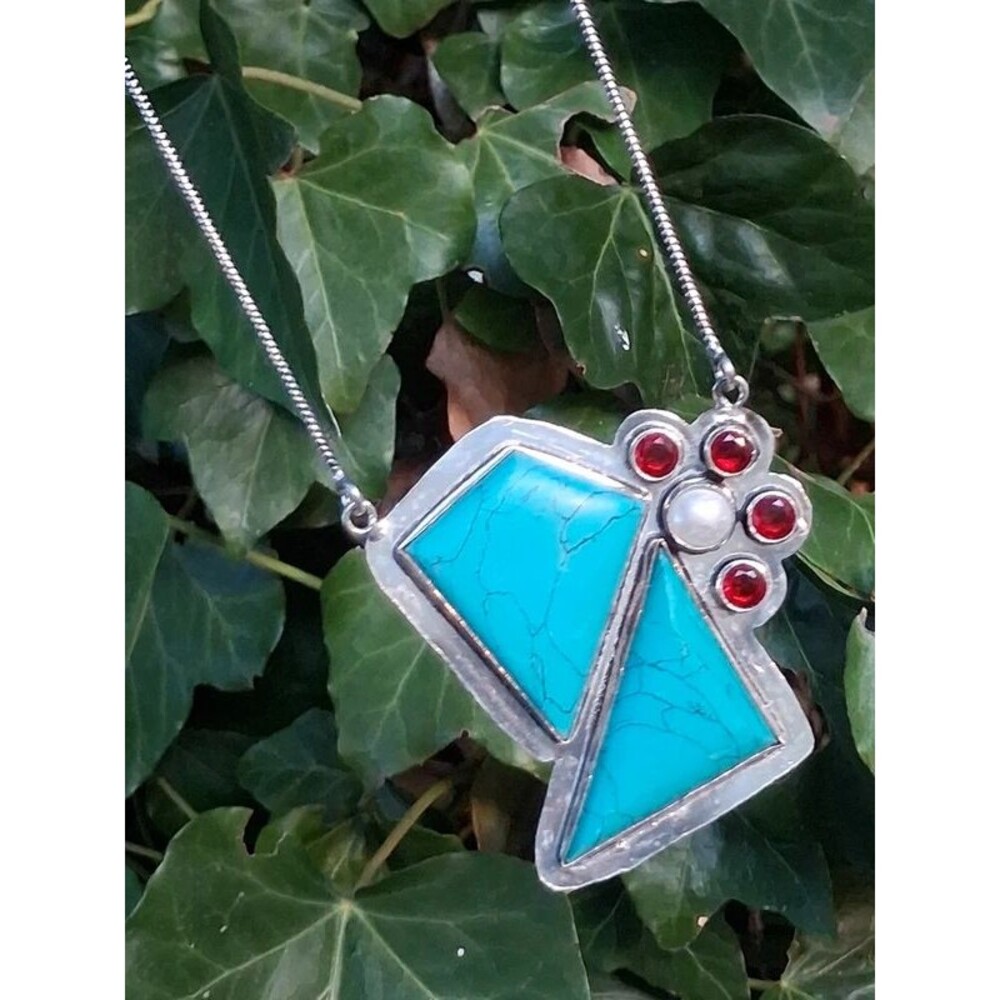 Turquoise & Garnet Statement Necklace | Southwestern Boho Geometric Pendant